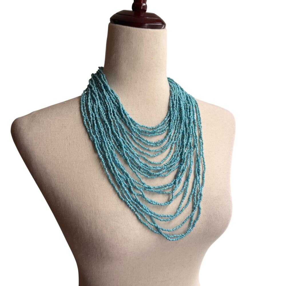 Handmade Beaded Statement‎ Necklace Blue Bohemian Coastal Chic Artsy Boho